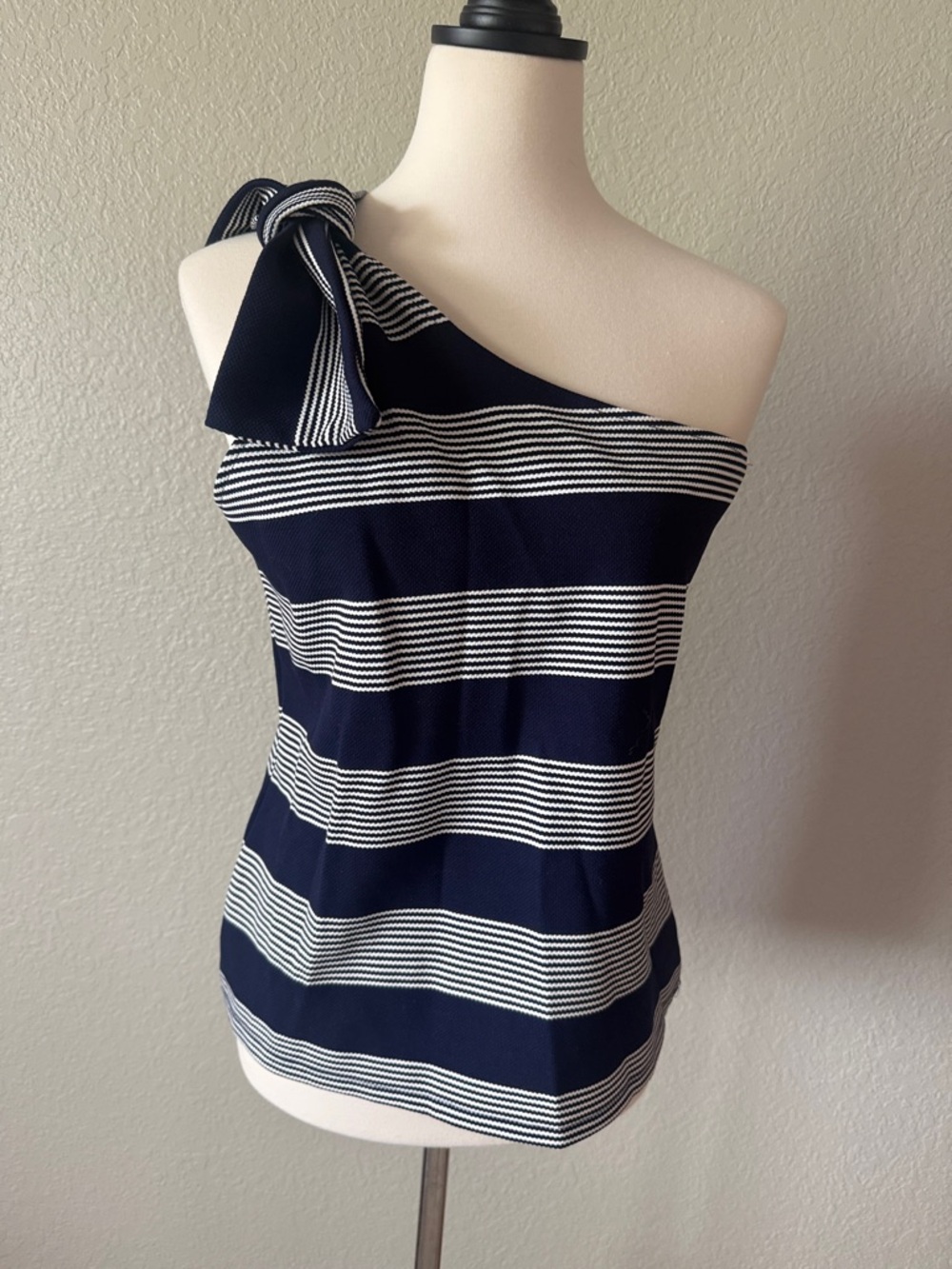bishop + young Navy and White Striped One-Shoulder Bow Tank